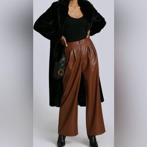 NWOT Avec Les Filles Faux Leather Wide Leg Brown Pleated Pants Size 4